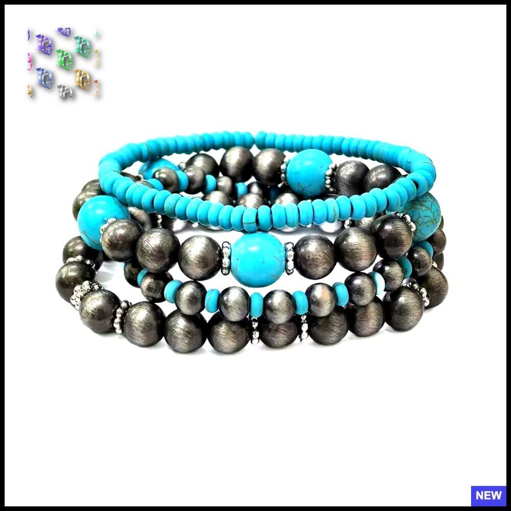 Boho Stretch Bracelet Stackable Layered Vintage Western Turquoise Pearl Jewelry